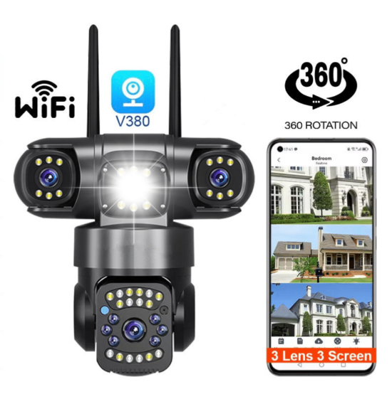 V380 Outdoor WiFi Camera 3-Lens 3-Screen View 9MP