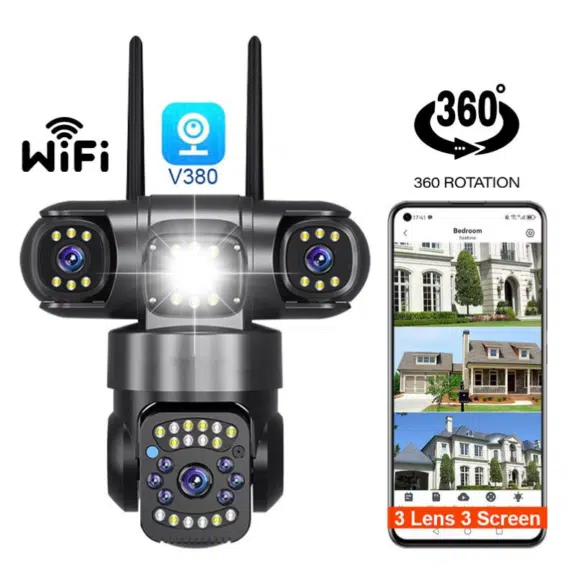 V380 Outdoor WiFi Camera 3-Lens 3-Screen View 9MP